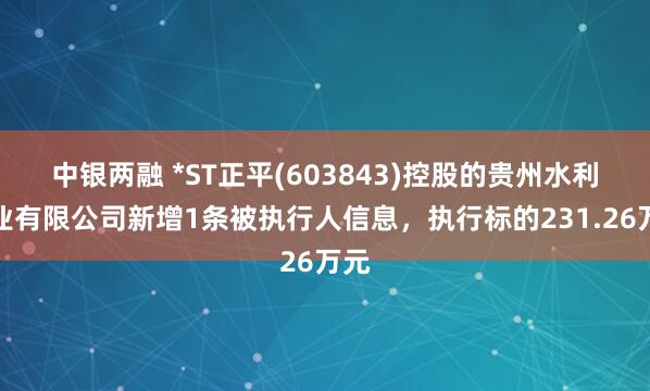 中银两融 *ST正平(603843)控股的贵州水利实业有限公司新增1条被执行人信息，执行标的231.26万元